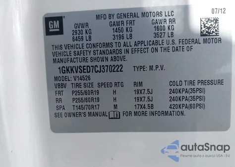 2012 GMC Acadia Slt-2 from USA, damaged, VIN 1GKKVSED7CJ370222
